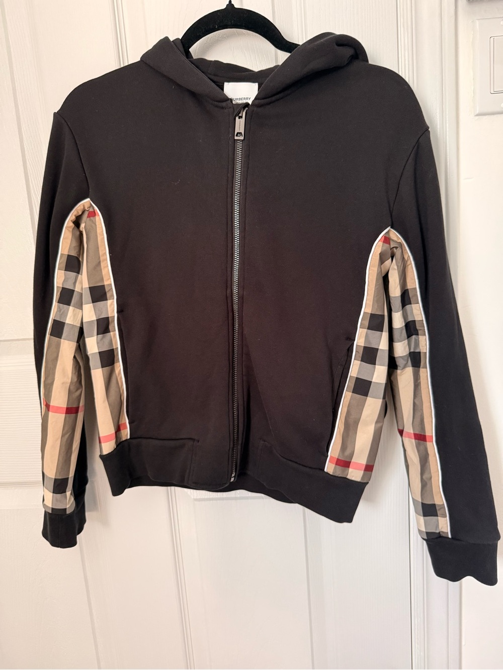 Burberry girls/boys Black Zip Hoodie with Classic Check Sleeve Insets